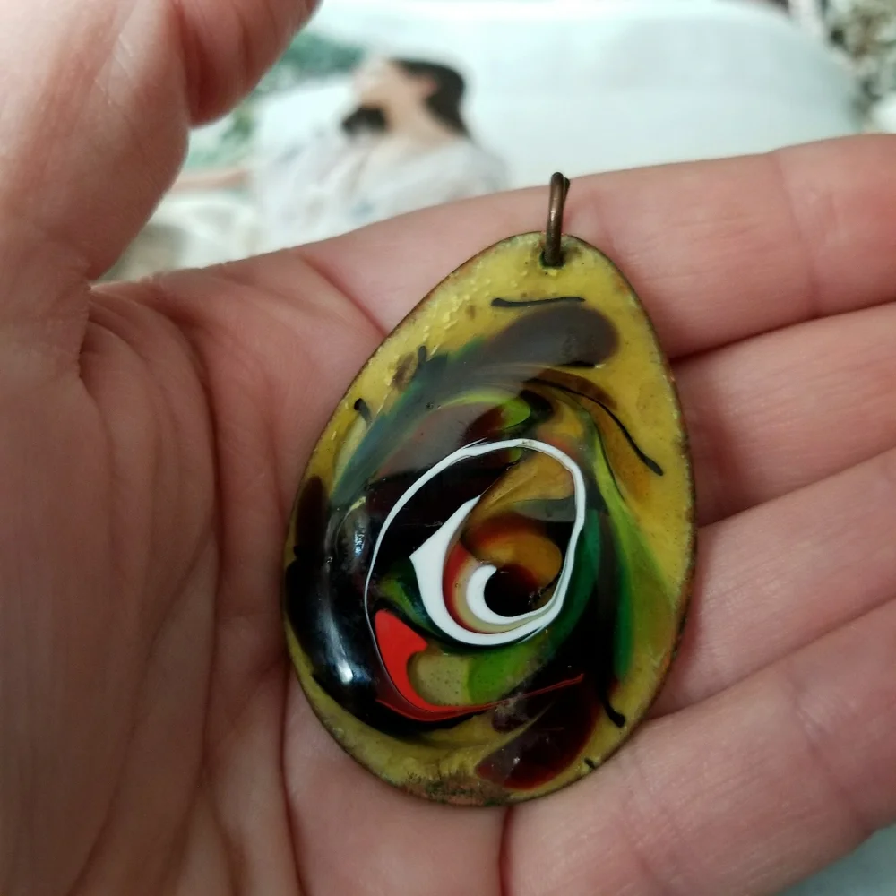 Vintage enamel copper pendant swirl teardrop